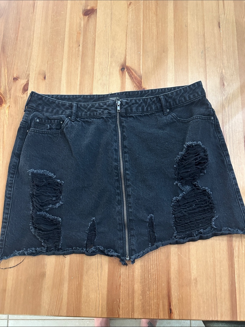 Forever 21 Black Distressed Zip-Front Denim Mini Skirt